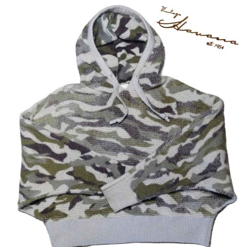 Vintage Havana Camo Waffle Thermal Cropped Dolman Hoodie Small